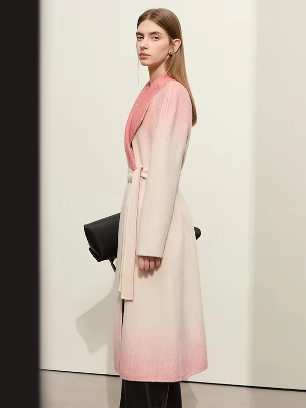 Blends For Women New Elegant Wool Double-sided With Belt Gradient Lady Trendy Long Winter Outerwear Straight