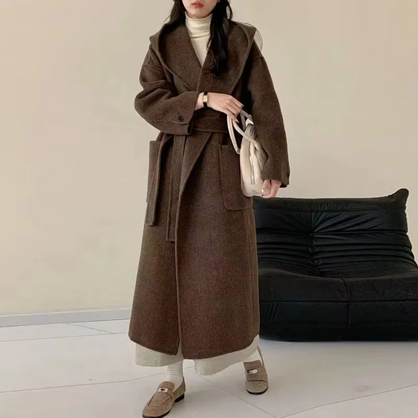 Wool Beige Pocket Belted Long Woolen Coat New Hooded Long Sleeve Women Jacket Fashion Tide Autumn Winter 2026 New