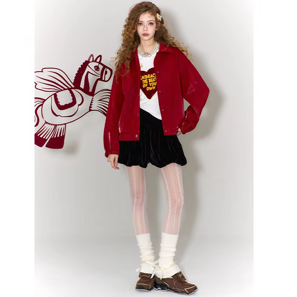 ELFSACK 2026 Burgundy Matte PU Leather Jacket Women, Horse Embroidery Lapel Loose Coat, Punk Oriental Vintage Winter Top
