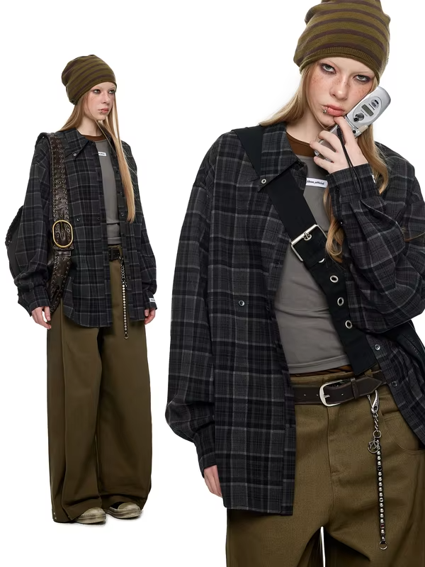 JIKOO Original Design Adjustable Long Sleeve Shirt Plaid Pattern Stand Collar Slimming Early Spring Women's Fashion Top