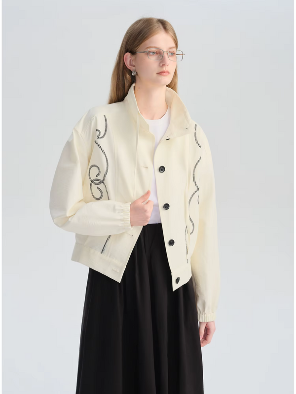 ZIQIAO Design Sense Artist Embroidery Stand Collar Short Jacket Female 2025 Autumn New Arrival College Style Jacket