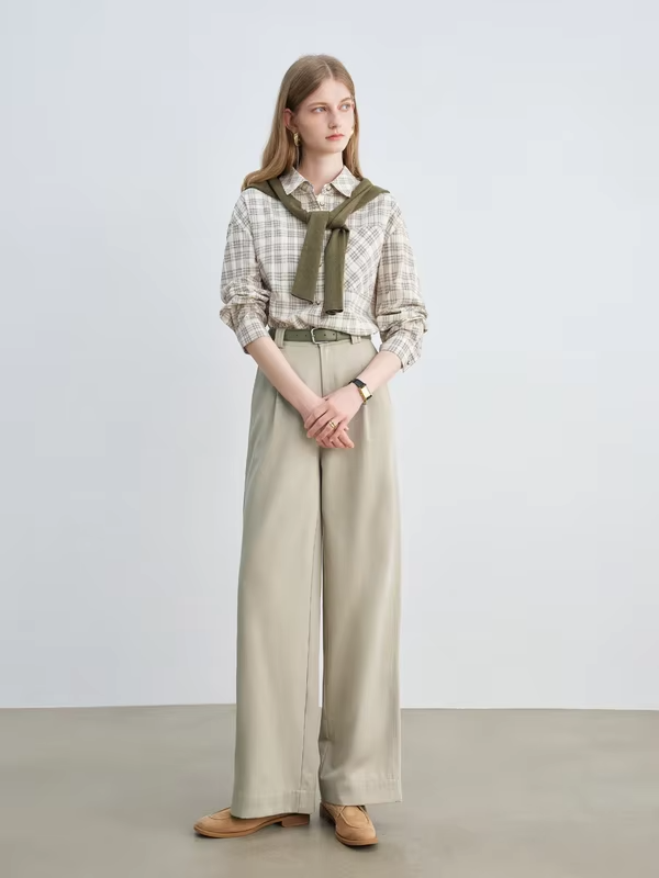 ZIQIAO Blue Academic Stripe Women's Long Sleeve Retro Checked Shirt 2025 Autumn New Arrival Women Shirts Without Shawl
