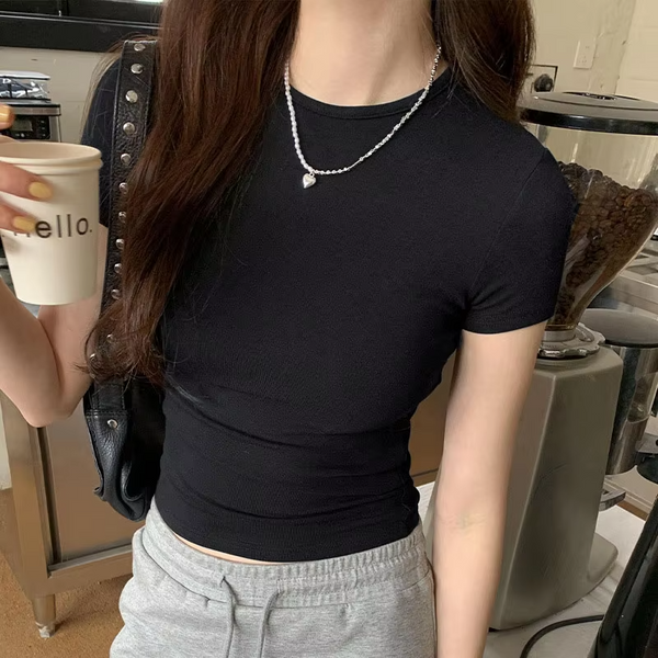 Basic Solid Crop Top Short Sleeve Crewneck Skinny T-shirt Summer Casual Tee for Women Y2K Vintage Top Harajuku Streetwear
