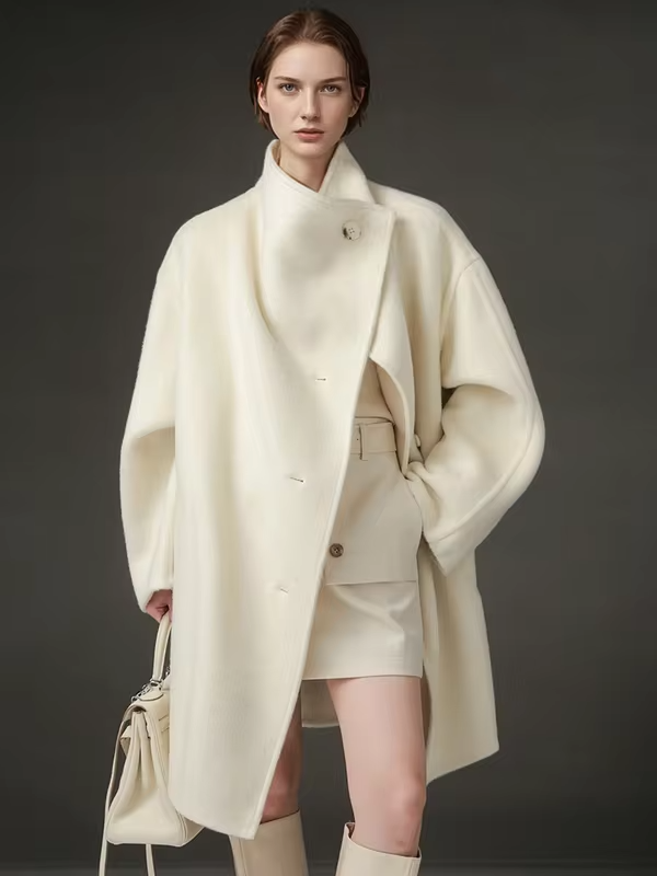 Stand Collar Loose Wool Coat Women, Fashion Elegant Autumn Winter Jacket