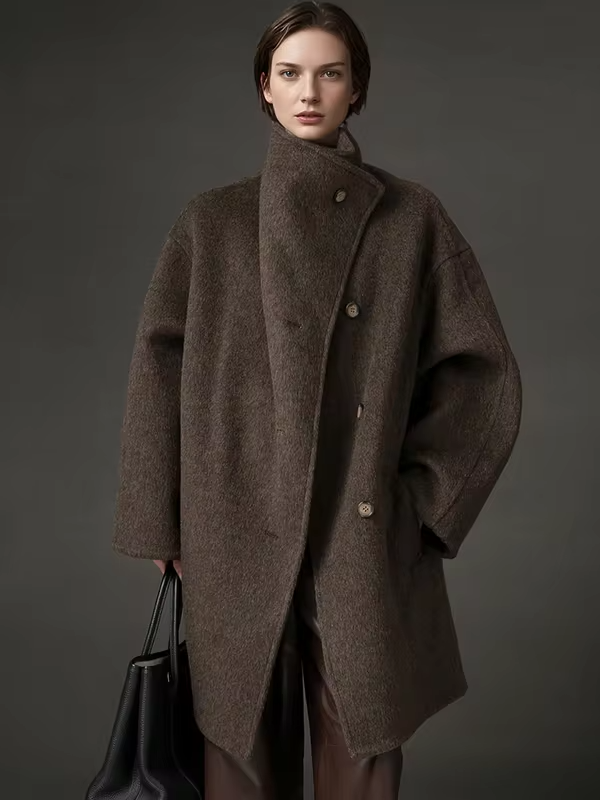 Stand Collar Loose Wool Coat Women, Fashion Elegant Autumn Winter Jacket