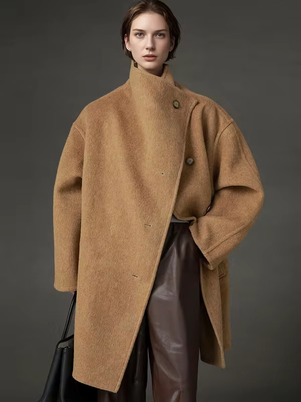 Stand Collar Loose Wool Coat Women, Fashion Elegant Autumn Winter Jacket