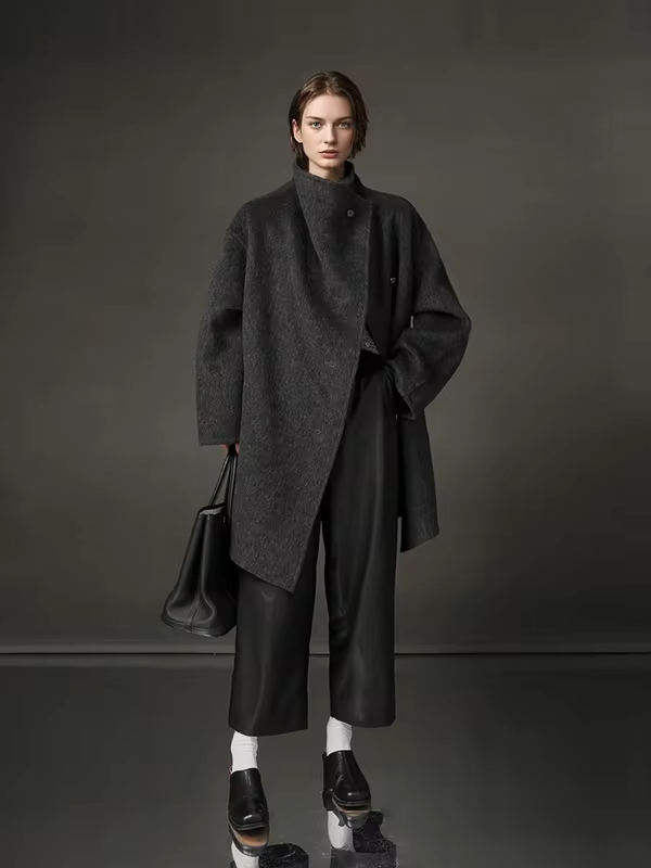 Stand Collar Loose Wool Coat Women, Fashion Elegant Autumn Winter Jacket