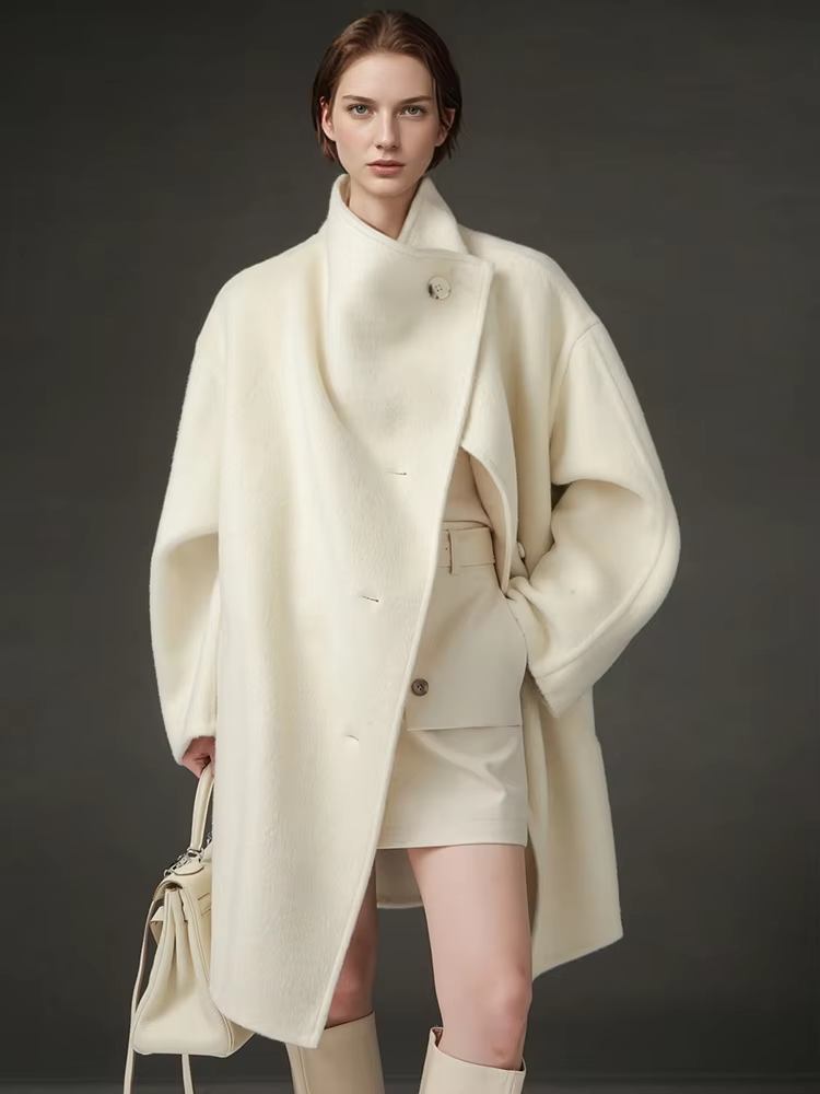 Stand Collar Loose Wool Coat Women, Fashion Elegant Autumn Winter Jacket