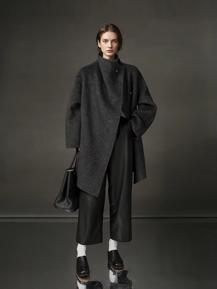 Stand Collar Loose Wool Coat Women, Fashion Elegant Autumn Winter Jacket