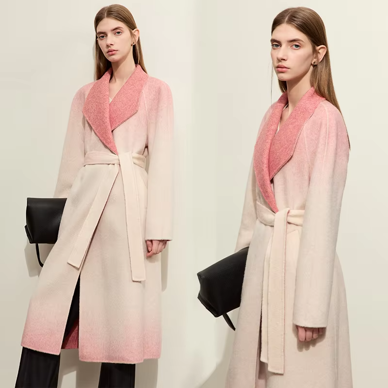 Blends For Women New Elegant Wool Double-sided With Belt Gradient Lady Trendy Long Winter Outerwear Straight