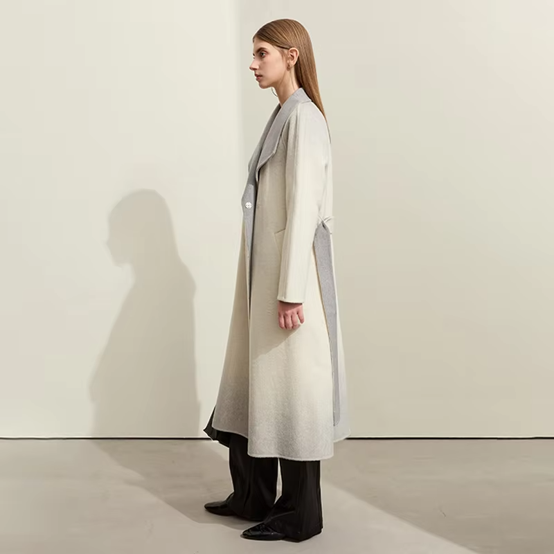 Blends For Women New Elegant Wool Double-sided With Belt Gradient Lady Trendy Long Winter Outerwear Straight