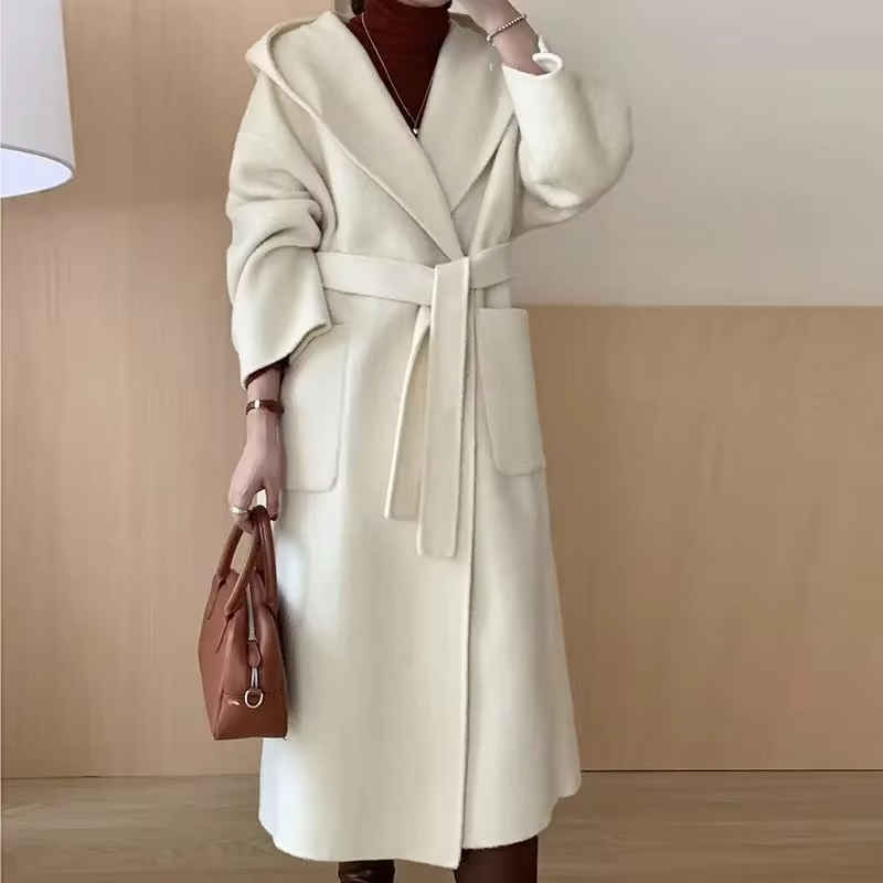 Wool Beige Pocket Belted Long Woolen Coat New Hooded Long Sleeve Women Jacket Fashion Tide Autumn Winter 2026 New
