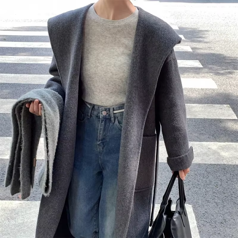 Wool Beige Pocket Belted Long Woolen Coat New Hooded Long Sleeve Women Jacket Fashion Tide Autumn Winter 2026 New