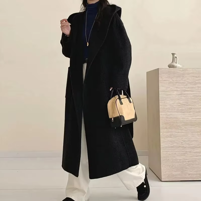 Wool Beige Pocket Belted Long Woolen Coat New Hooded Long Sleeve Women Jacket Fashion Tide Autumn Winter 2026 New