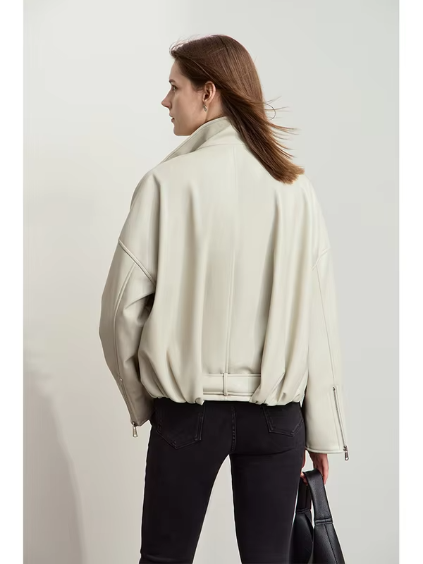 AMII Minimalist Women's Leather Jacket 2024 Winter New Modern Stand Collar with Belt Imitation Protein PU Lady Overcoat