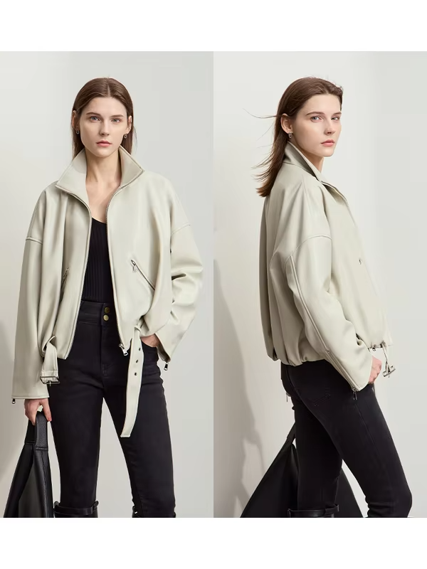 AMII Minimalist Women's Leather Jacket 2024 Winter New Modern Stand Collar with Belt Imitation Protein PU Lady Overcoat