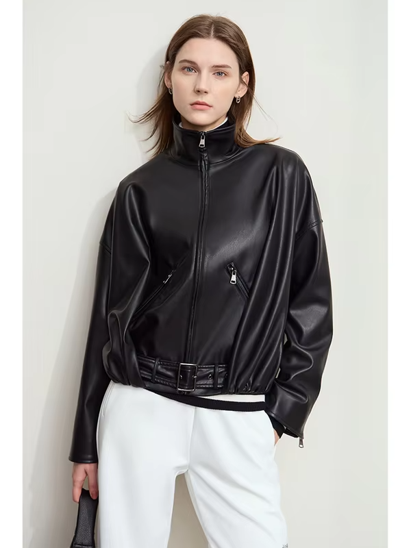 AMII Minimalist Women's Leather Jacket 2024 Winter New Modern Stand Collar with Belt Imitation Protein PU Lady Overcoat