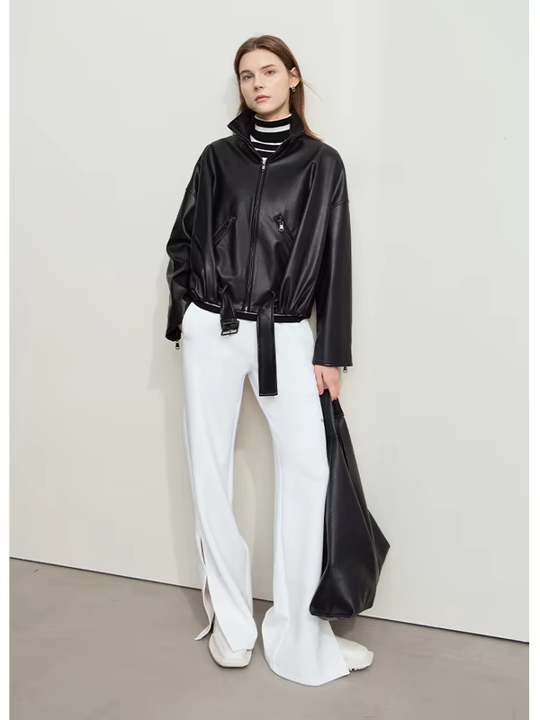AMII Minimalist Women's Leather Jacket 2024 Winter New Modern Stand Collar with Belt Imitation Protein PU Lady Overcoat