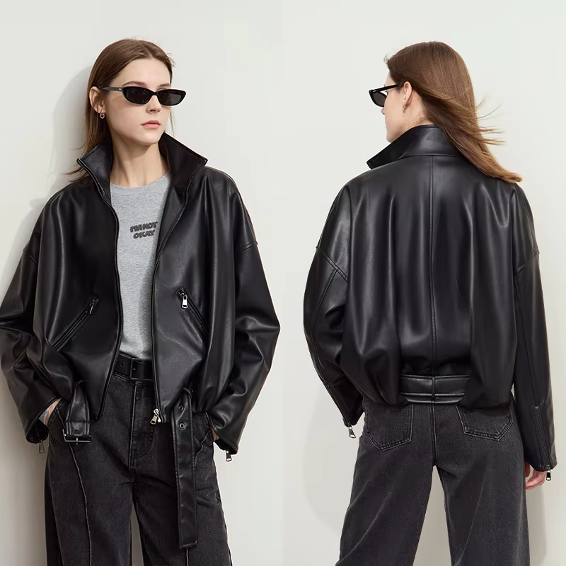 AMII Minimalist Women's Leather Jacket 2024 Winter New Modern Stand Collar with Belt Imitation Protein PU Lady Overcoat