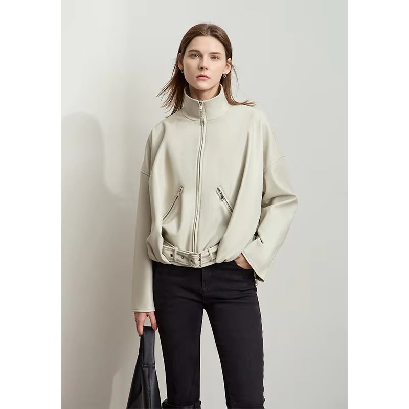 AMII Minimalist Women's Leather Jacket 2024 Winter New Modern Stand Collar with Belt Imitation Protein PU Lady Overcoat