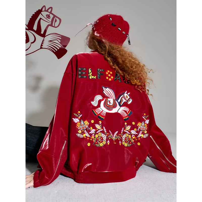 ELFSACK 2026 Burgundy Matte PU Leather Jacket Women, Horse Embroidery Lapel Loose Coat, Punk Oriental Vintage Winter Top