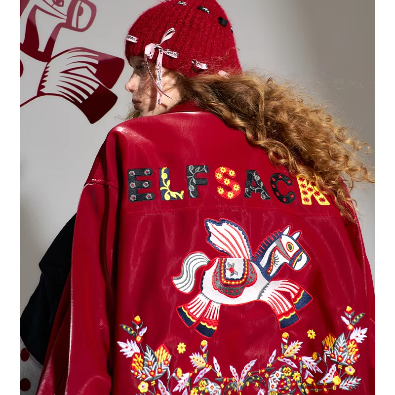 ELFSACK 2026 Burgundy Matte PU Leather Jacket Women, Horse Embroidery Lapel Loose Coat, Punk Oriental Vintage Winter Top