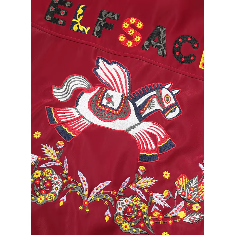 ELFSACK 2026 Burgundy Matte PU Leather Jacket Women, Horse Embroidery Lapel Loose Coat, Punk Oriental Vintage Winter Top