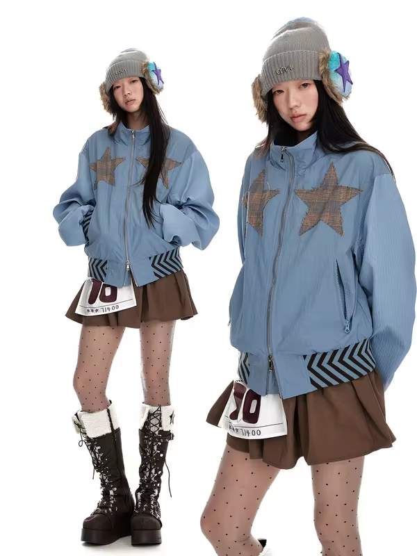 Jikoo Original Design Stand Collar Patchwork Double Zipper Jacket Loose Fit Short Outerwear Top for Women Street Style Polyester