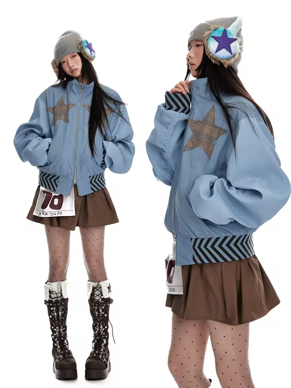 Jikoo Original Design Stand Collar Patchwork Double Zipper Jacket Loose Fit Short Outerwear Top for Women Street Style Polyester