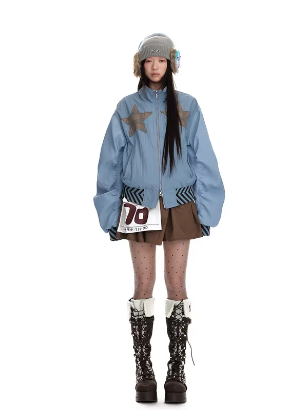 Jikoo Original Design Stand Collar Patchwork Double Zipper Jacket Loose Fit Short Outerwear Top for Women Street Style Polyester