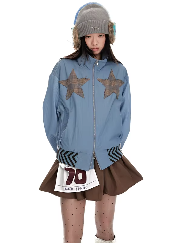 Jikoo Original Design Stand Collar Patchwork Double Zipper Jacket Loose Fit Short Outerwear Top for Women Street Style Polyester
