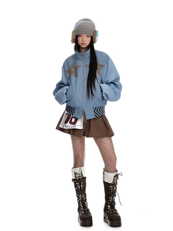 Jikoo Original Design Stand Collar Patchwork Double Zipper Jacket Loose Fit Short Outerwear Top for Women Street Style Polyester