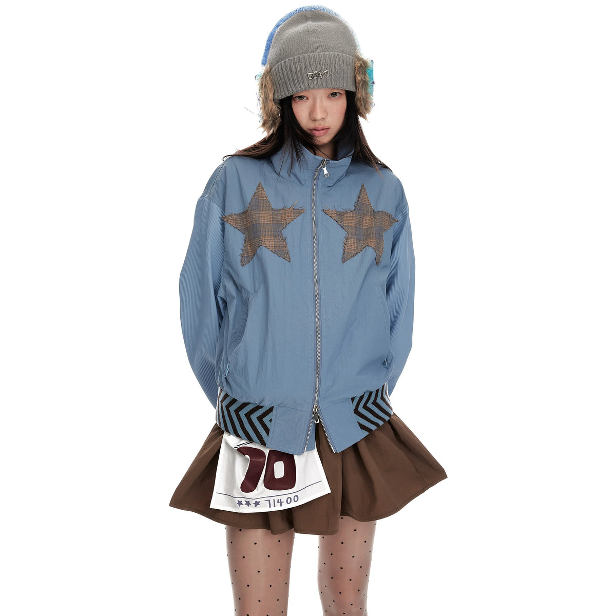 Jikoo Original Design Stand Collar Patchwork Double Zipper Jacket Loose Fit Short Outerwear Top for Women Street Style Polyester