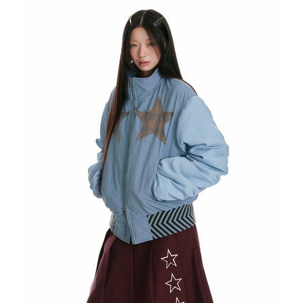 Jikoo Original Design Stand Collar Patchwork Double Zipper Jacket Loose Fit Short Outerwear Top for Women Street Style Polyester