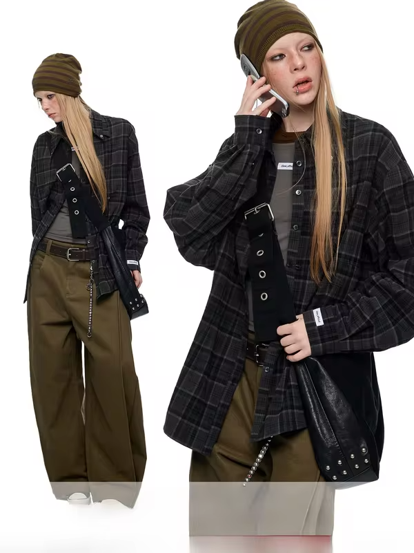 JIKOO Original Design Adjustable Long Sleeve Shirt Plaid Pattern Stand Collar Slimming Early Spring Women's Fashion Top
