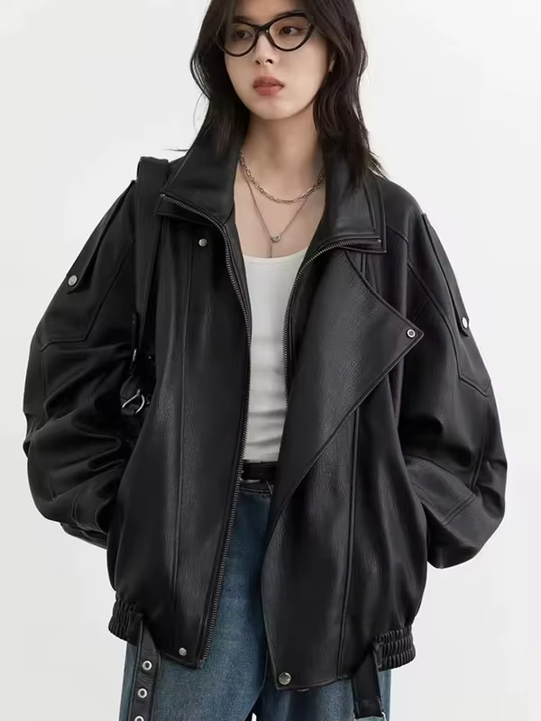 Mauroicardi Spring Autumn Retro Black Oversized Pu Leather Motorcycle Jacket Women Belt Zipper Luxury European Fashion 2025