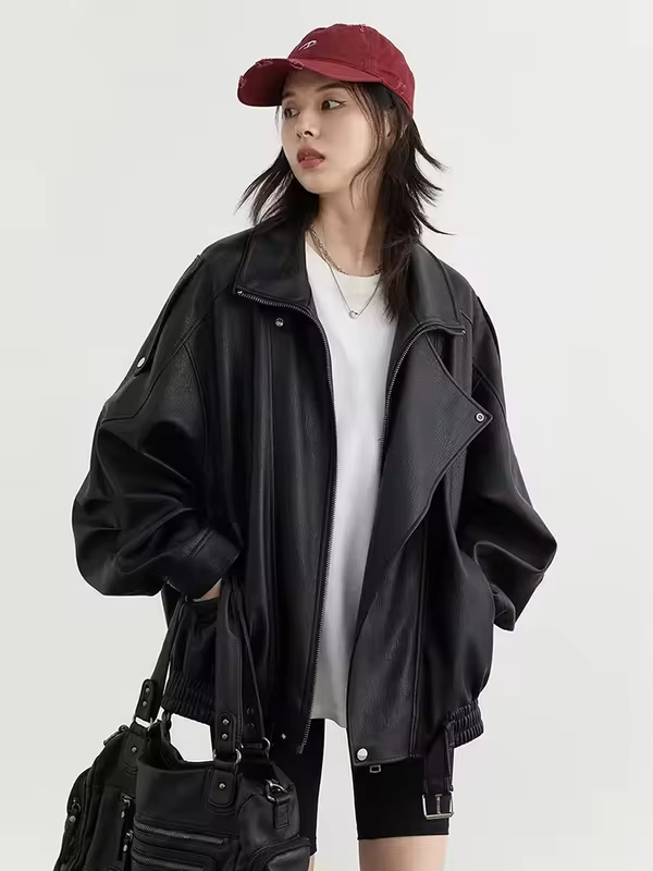 Mauroicardi Spring Autumn Retro Black Oversized Pu Leather Motorcycle Jacket Women Belt Zipper Luxury European Fashion 2025