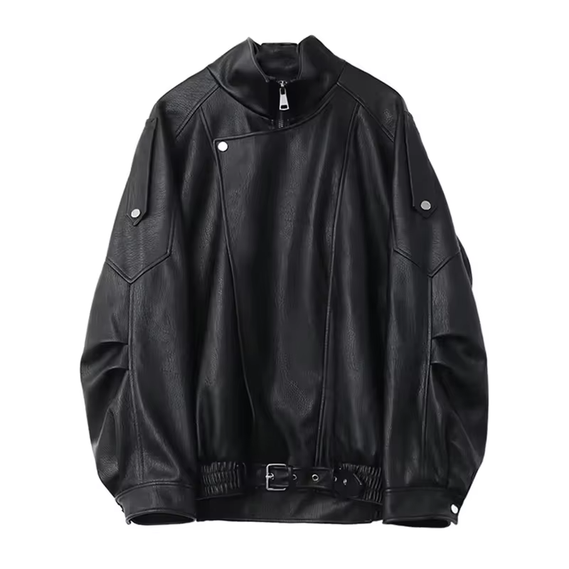 Mauroicardi Spring Autumn Retro Black Oversized Pu Leather Motorcycle Jacket Women Belt Zipper Luxury European Fashion 2025