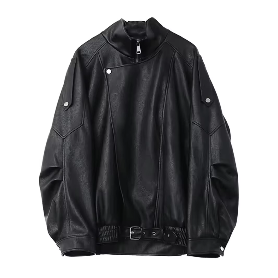 Mauroicardi Spring Autumn Retro Black Oversized Pu Leather Motorcycle Jacket Women Belt Zipper Luxury European Fashion 2025