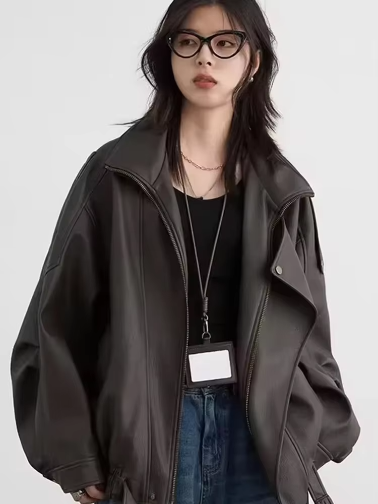 Mauroicardi Spring Autumn Retro Black Oversized Pu Leather Motorcycle Jacket Women Belt Zipper Luxury European Fashion 2025