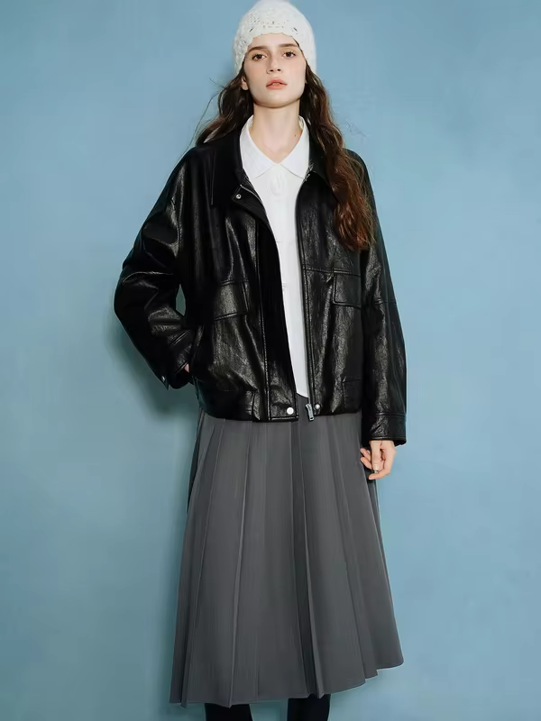 DUSHU Retro Edgy Vibe 2025 Women's Two-Tone Faux Leather Jacket - Vintage Inspired Cropped Biker Coat for Office Casual