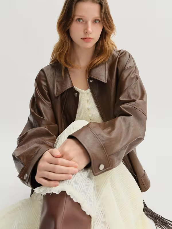 DUSHU Retro Edgy Vibe 2025 Women's Two-Tone Faux Leather Jacket - Vintage Inspired Cropped Biker Coat for Office Casual