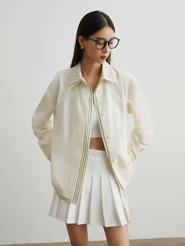 Women's Fake Two Piece Shirt with Striped Patchwork, Long Sleeve Button Down Blouse, Loose Fit Casual Korean Style Top