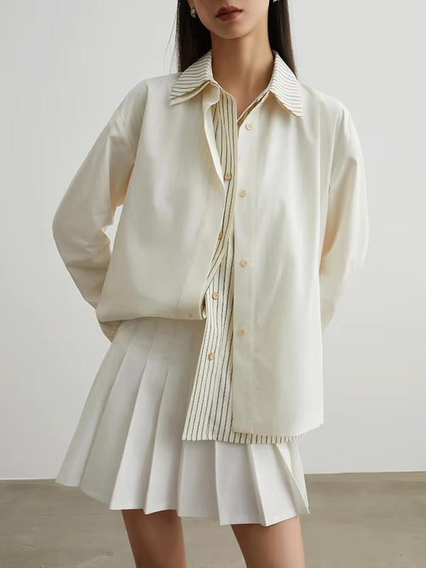 Women's Fake Two Piece Shirt with Striped Patchwork, Long Sleeve Button Down Blouse, Loose Fit Casual Korean Style Top