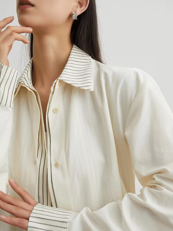 Women's Fake Two Piece Shirt with Striped Patchwork, Long Sleeve Button Down Blouse, Loose Fit Casual Korean Style Top