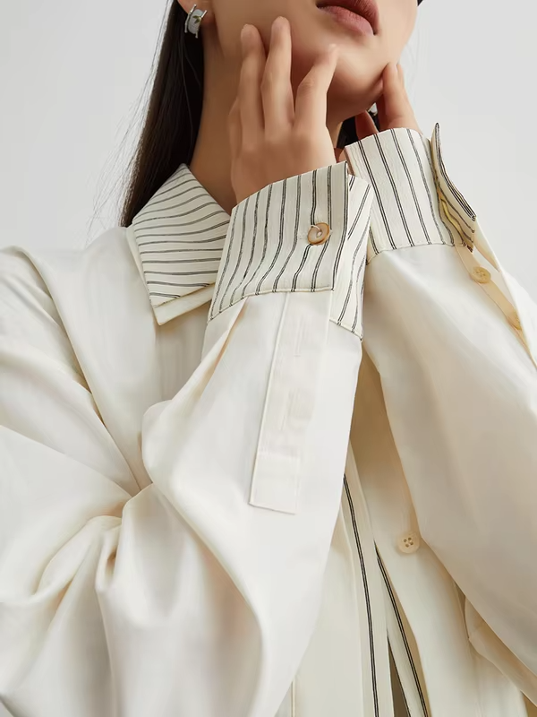 Women's Fake Two Piece Shirt with Striped Patchwork, Long Sleeve Button Down Blouse, Loose Fit Casual Korean Style Top