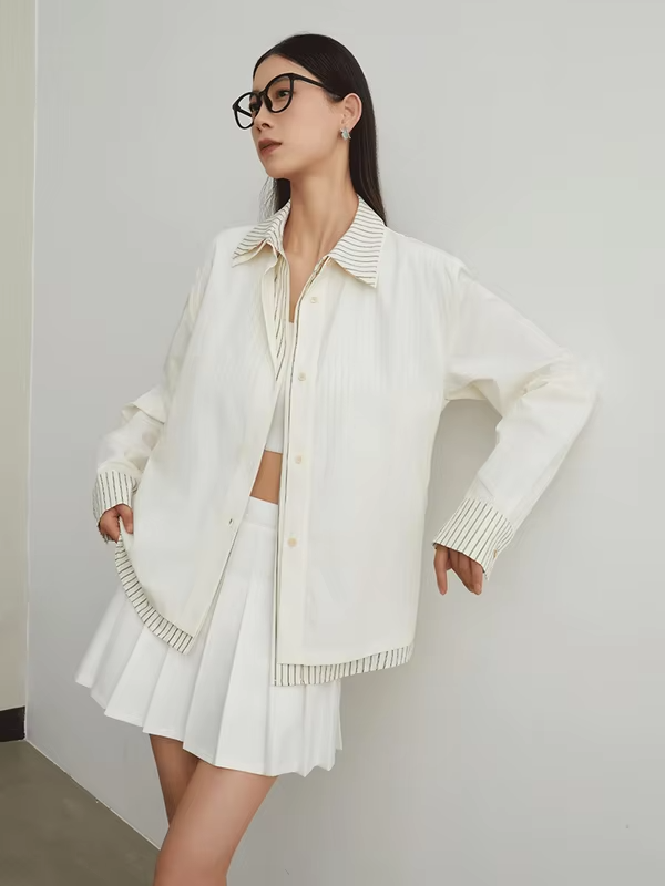 Women's Fake Two Piece Shirt with Striped Patchwork, Long Sleeve Button Down Blouse, Loose Fit Casual Korean Style Top