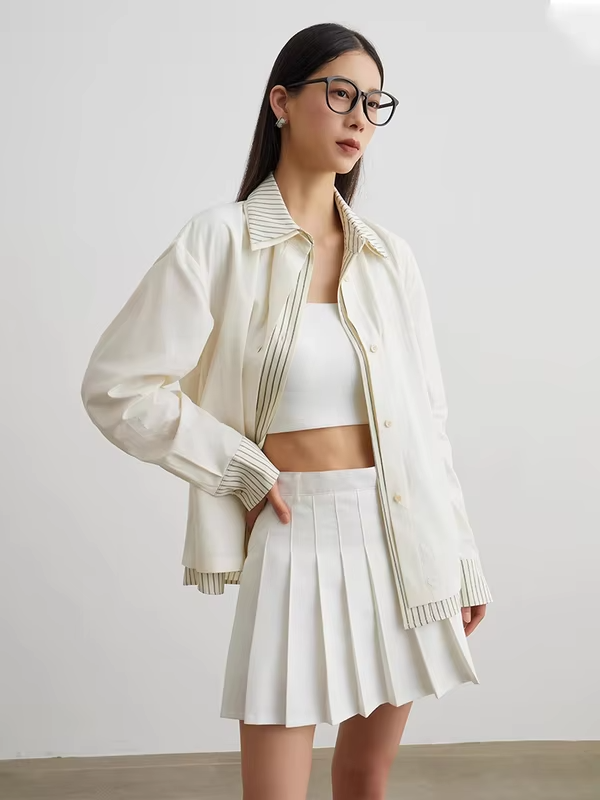 Women's Fake Two Piece Shirt with Striped Patchwork, Long Sleeve Button Down Blouse, Loose Fit Casual Korean Style Top