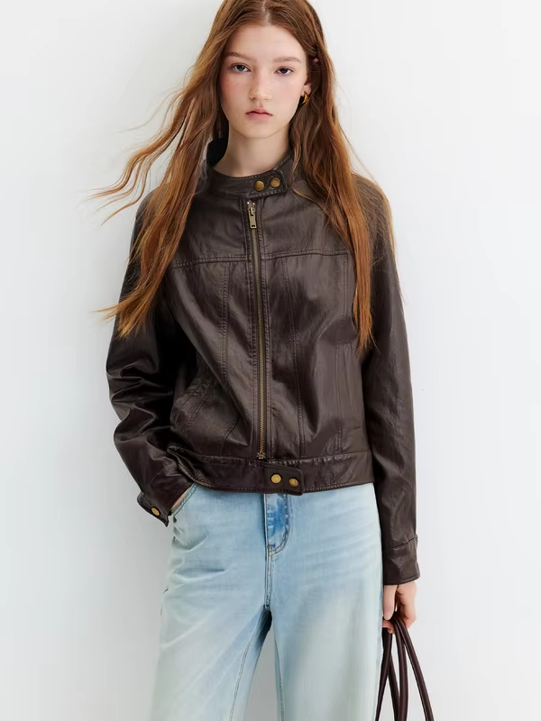 FSLE 2026 Autumn New Arrival Retro Style Coffee Brown Stand Collar Biker Leather Jacket Slim Fit Short Coat Cotton Contain