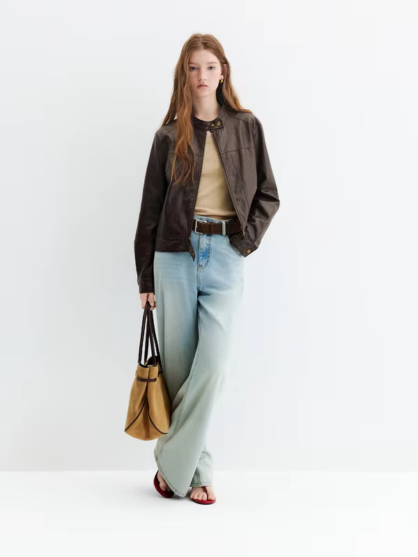 FSLE 2026 Autumn New Arrival Retro Style Coffee Brown Stand Collar Biker Leather Jacket Slim Fit Short Coat Cotton Contain